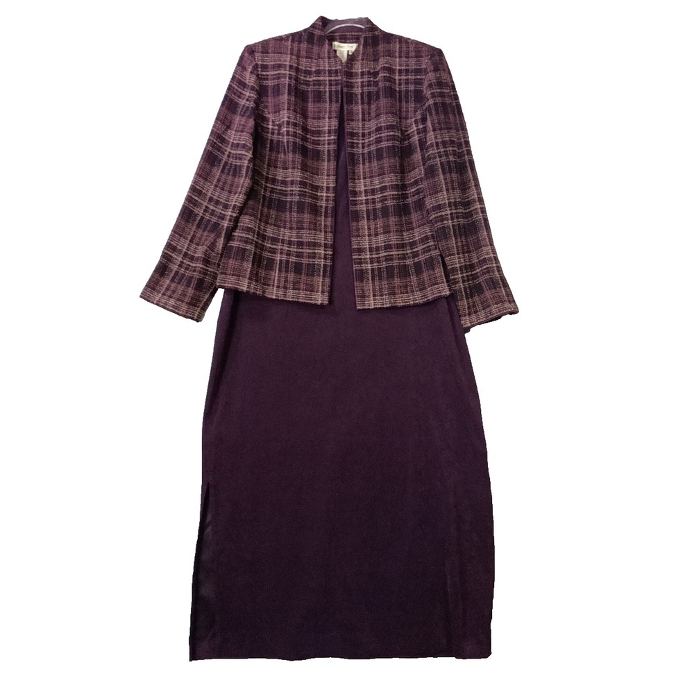 Coldwater Creek 2 Pc Dress Set Size 16 Purple Plaid Jacket Midi Dress Women - Picture 6 of 12